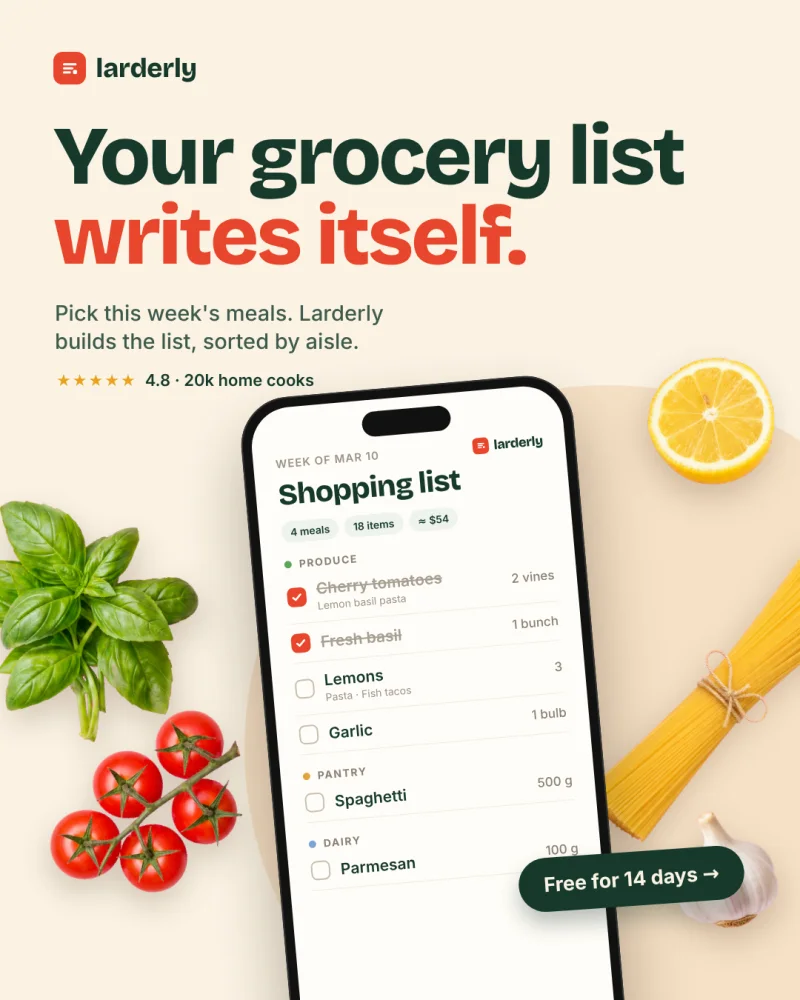 Sample grocery list app ad for Larderly